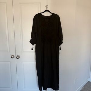 NILI LOTAN Black Embroidered Floral 100% Linen Scoop Maxi Tent Dress